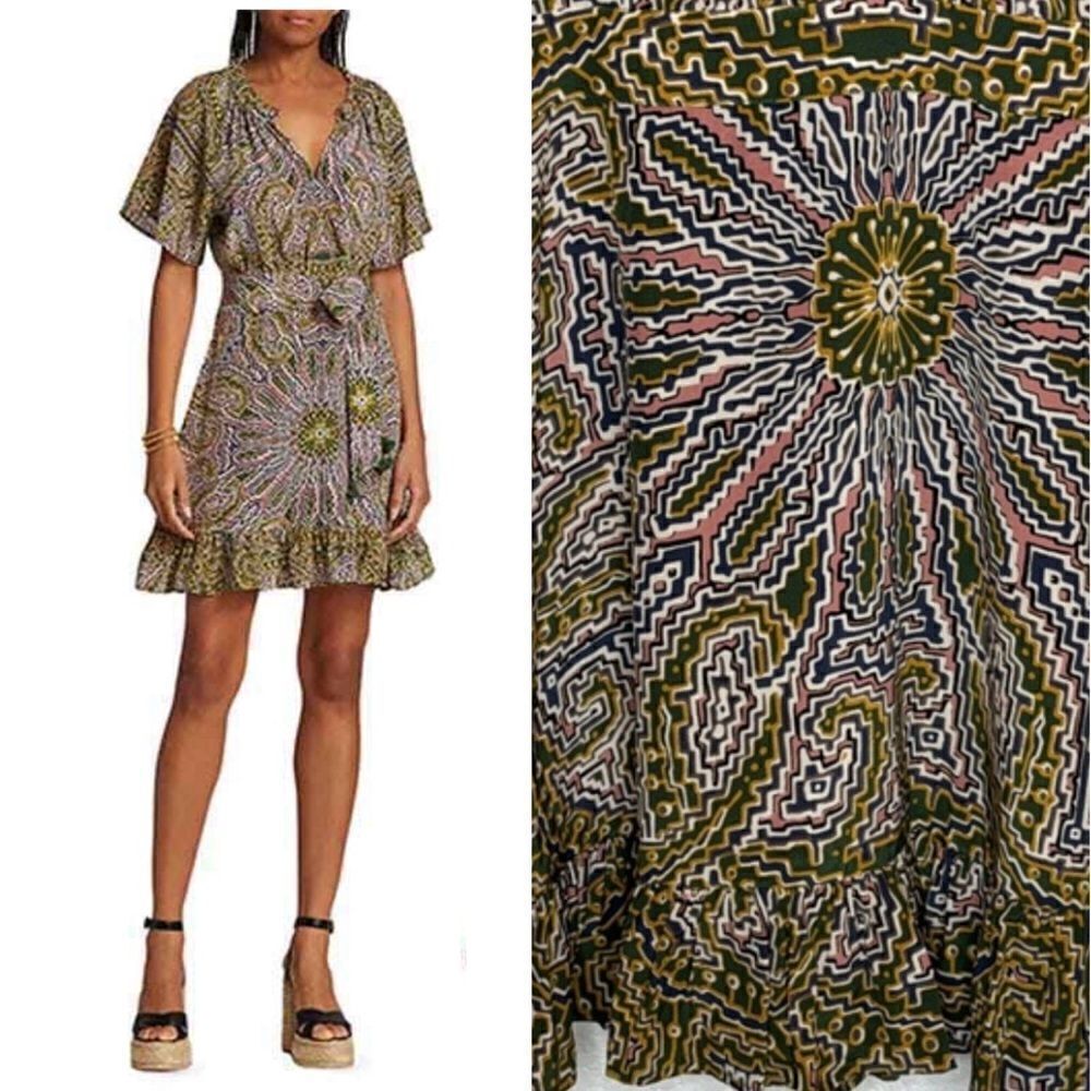NWT Figue Cleo Silk Ruffle Neck Belted Dress in Medallion Multi Spruce XS